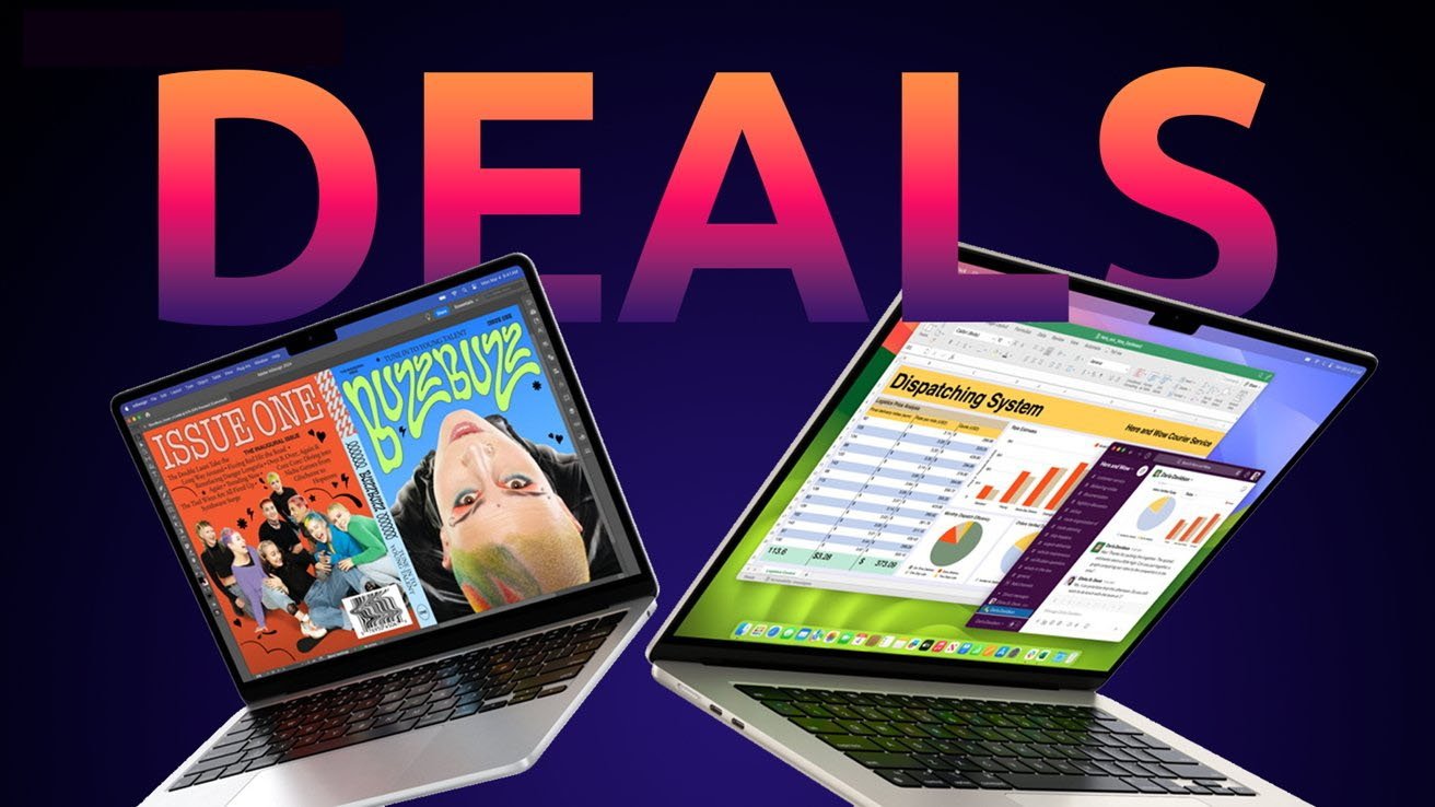 Two MacBook Air laptops are open, screens displaying a magazine and a spreadsheet, with the word 'DEALS' in bold, colorful letters above on a dark background.