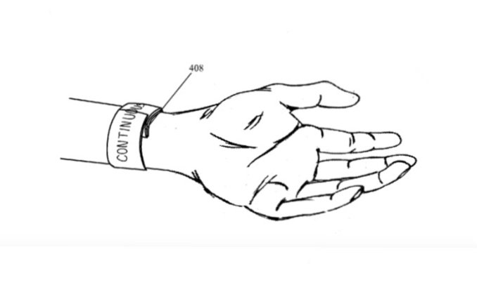 A sketch of an open hand wearing a wristband labeled 'CONTINUUM' with an arrow pointing to the wristband marked 408.