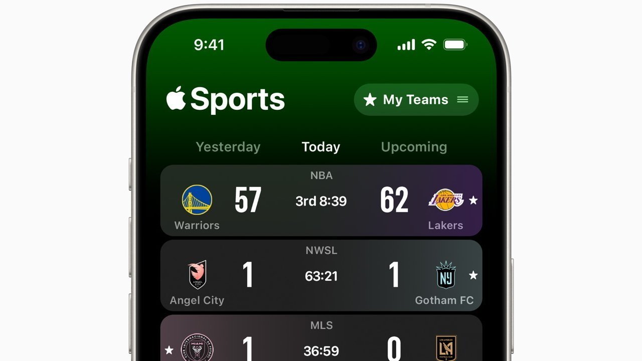 Smartphone screen displaying sports scores for NBA, NWSL, and MLS games, with logos and current scores for each match.