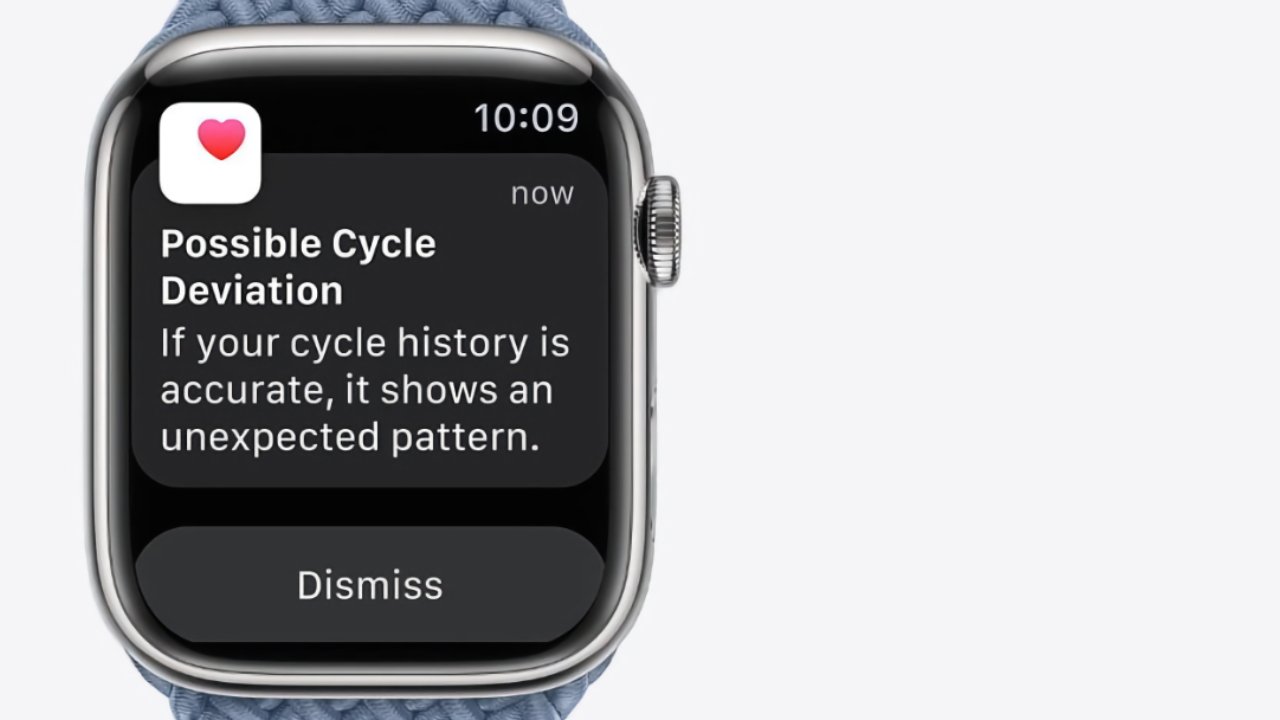 Smartwatch displaying a notification about possible cycle deviation, indicating an unexpected pattern in cycle history, with a dismiss button below. Time reads 10:09.