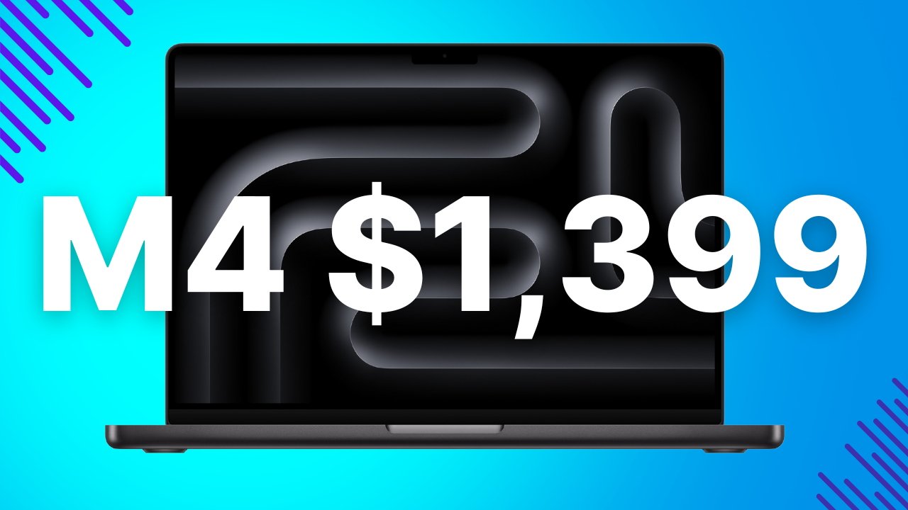MacBook Pro screen with abstract black lines on bright blue background, bold text M4 $1,399 displayed prominently.